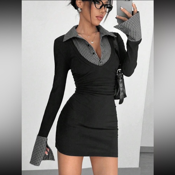 Dresses & Skirts - 2 in 1 Black and White Plaid Patchwork Bodycon Stretchy Mini Dress
